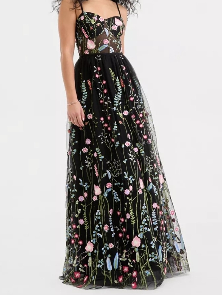 Black Floral Embroidered Tulle Gown